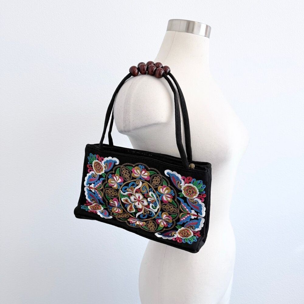 Black Embroidered Brocade Shoulder Bag Purse Satchel Mexico Mexican Día De